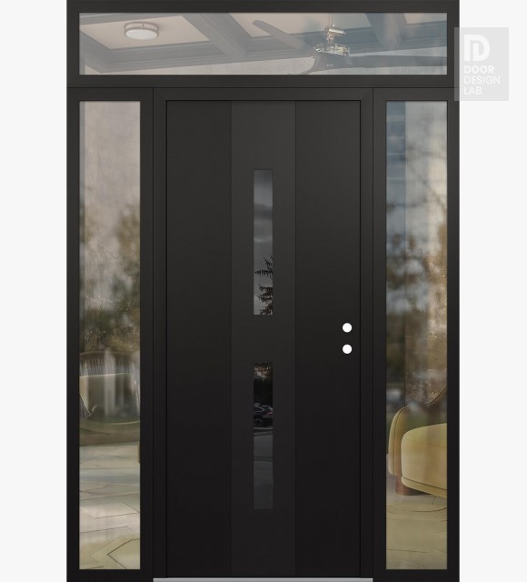 Modern Steel Front Door DIAMOND A6 68" X 96" BLACK/BLACK MIRRORED GLASS PANEL BLACK LHI WITH 2 SIDELITES AND TRANSOM CLEAR GLASS