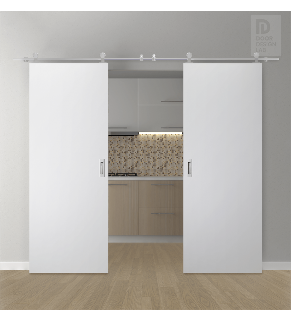 DOUBLE BARN DOOR PALLADIO BIANCO NOBLE 72" X 84" X 1 9/16" SOLID CORE STAINLESS STEEL HARDWARE