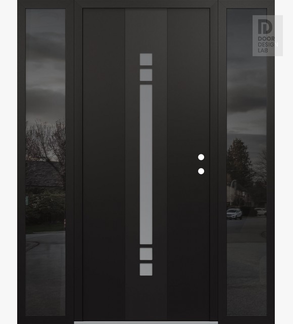 Modern Steel Front Door DIAMOND A4 68" X 80" BLACK/WHITE FROSTED GLASS PANEL BLACK LHI WITH 2 SIDELITES MIRRORED GLASS