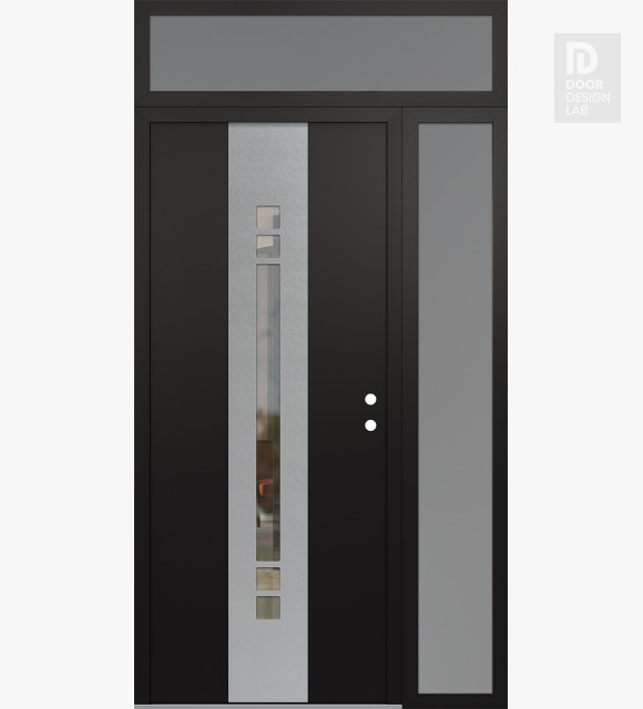 Modern Steel Front Door DIAMOND A4 48" X 96" BLACK/BLACK CLEAR GLASS PANEL STAINLESS STEEL LHI WITH SIDELITE AND TRANSOM FROSTED GLASS