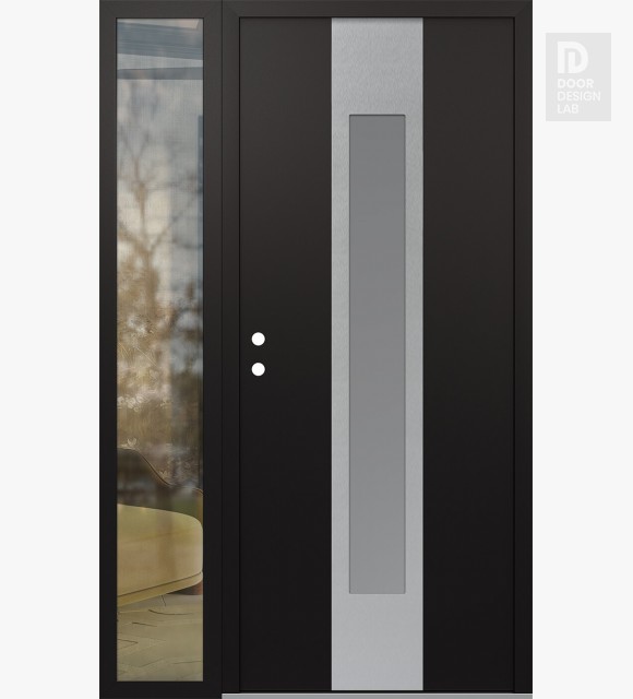 Modern Steel Front Door DIAMOND A1 52" X 80" BLACK/WHITE FROSTED GLASS PANEL STAINLESS STEEL RHI WITH SIDELITE CLEAR GLASS