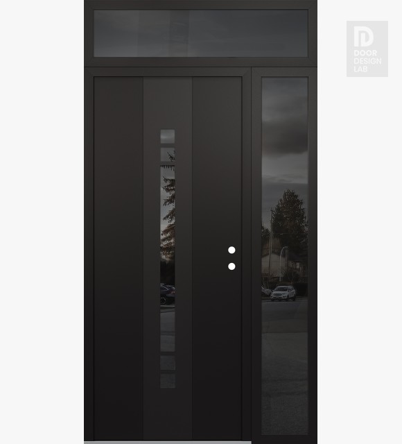 Modern Steel Front Door DIAMOND A4 52" X 96" BLACK/BLACK MIRRORED GLASS PANEL BLACK LHI WITH SIDELITE AND TRANSOM MIRRORED GLASS