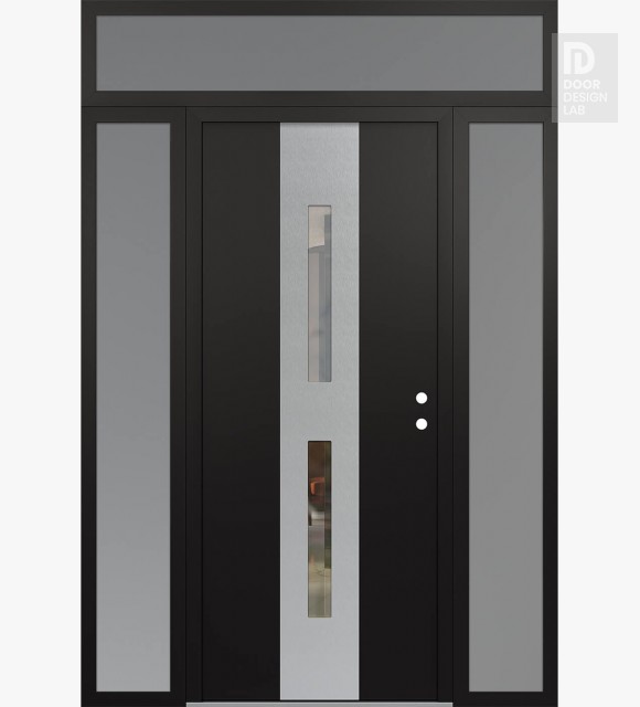 Modern Steel Front Door DIAMOND A6 64" X 96" BLACK/BLACK CLEAR GLASS PANEL STAINLESS STEEL LHI WITH 2 SIDELITES AND TRANSOM FROSTED GLASS
