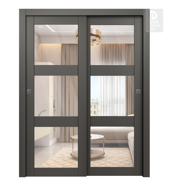 Avon 3 Lite Clear Vetro Gray Matte Modern Interior Bypass Doors by Belldinni