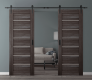 DOUBLE BARN DOOR ALBA GRAY OAK 60" X 96" X 1 9/16" BLACK HARDWARE