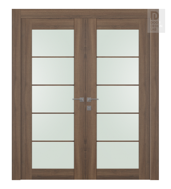 Avon 5 Lite Vetro Pecan Nutwood Modern Interior Double Swing Doors by Belldinni