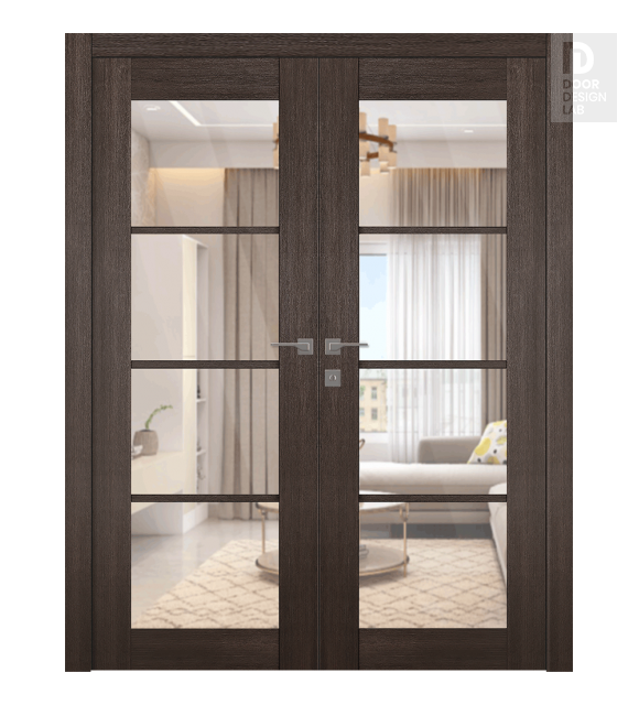 Avon 4 Lite Clear Vetro Veralinga Oak Modern Interior Double Swing Doors by Belldinni