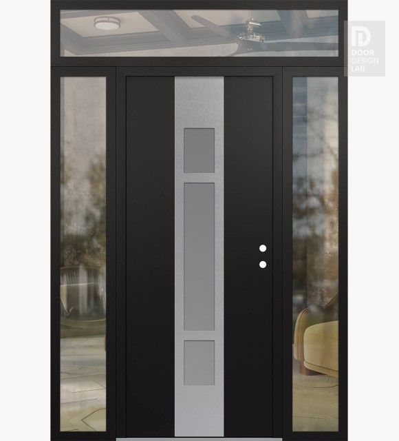 Modern Steel Front Door DIAMOND A9 60" X 96" BLACK/WHITE FROSTED GLASS PANEL STAINLESS STEEL LHI WITH 2 SIDELITES AND TRANSOM CLEAR GLASS
