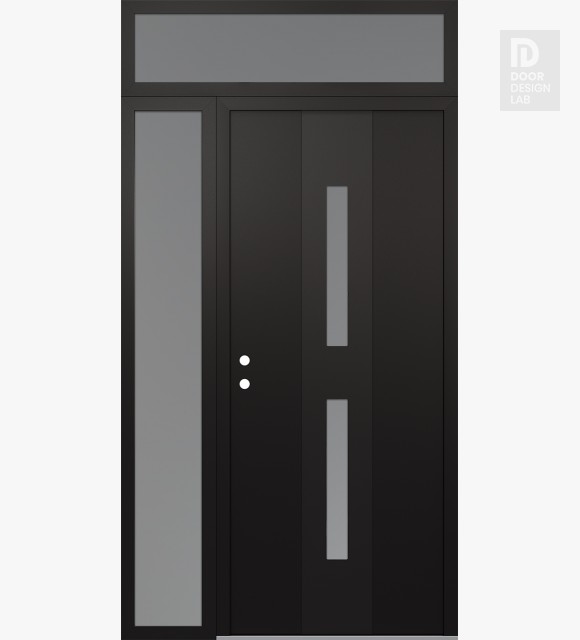 Modern Steel Front Door DIAMOND A6 50" X 96" BLACK/WHITE FROSTED GLASS PANEL BLACK RHI WITH SIDELITE AND TRANSOM FROSTED GLASS