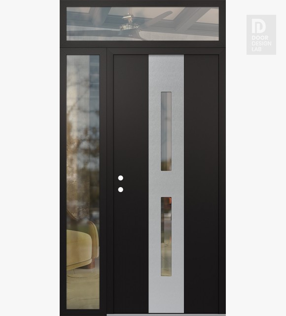 Modern Steel Front Door DIAMOND A6 52" X 96" BLACK/BLACK CLEAR GLASS PANEL STAINLESS STEEL RHI WITH SIDELITE AND TRANSOM CLEAR GLASS