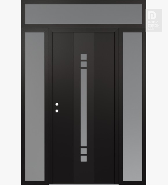 Modern Steel Front Door DIAMOND A4 60" X 96" BLACK/WHITE FROSTED GLASS PANEL BLACK RHI WITH 2 SIDELITES AND TRANSOM FROSTED GLASS