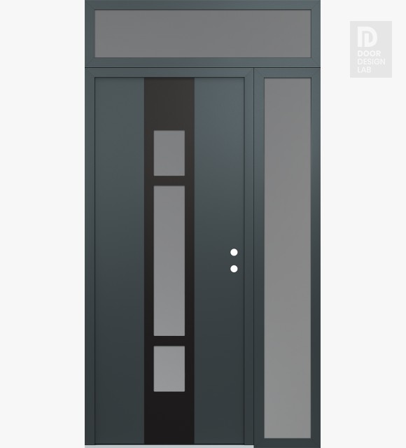 Modern Steel Front Door DIAMOND A9 52" X 96" ANTHRACITE/ANTHRACITE FROSTED GLASS PANEL BLACK LHI WITH SIDELITE AND TRANSOM FROSTED GLASS
