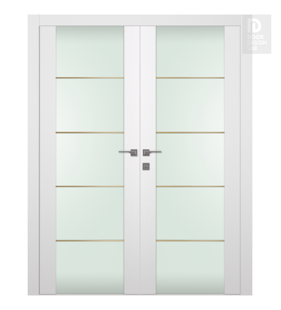 Palladio 202 4H Gold Strips Vetro Bianco Noble Modern Interior Double Swing Doors by Belldinni