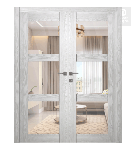 Avon 3 Lite Clear Vetro Ribeira Ash Modern Interior Double Swing Doors by Belldinni