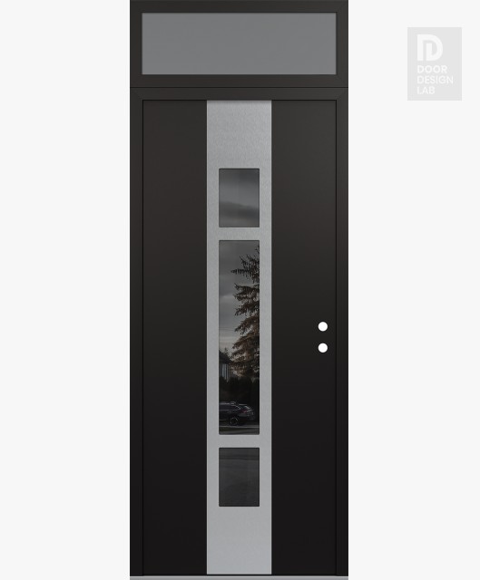 Modern Steel Front Door DIAMOND A9 36" X 96" BLACK/BLACK MIRRORED GLASS PANEL STAINLESS STEEL LHI WITH TRANSOM FROSTED GLASS