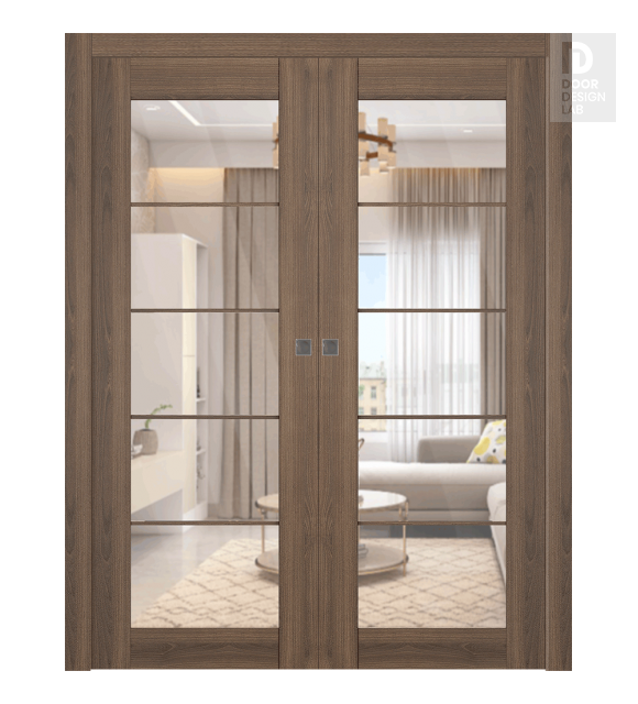 Avon 5 Lite Clear Vetro Pecan Nutwood Modern Interior Double Pocket Doors by Belldinni