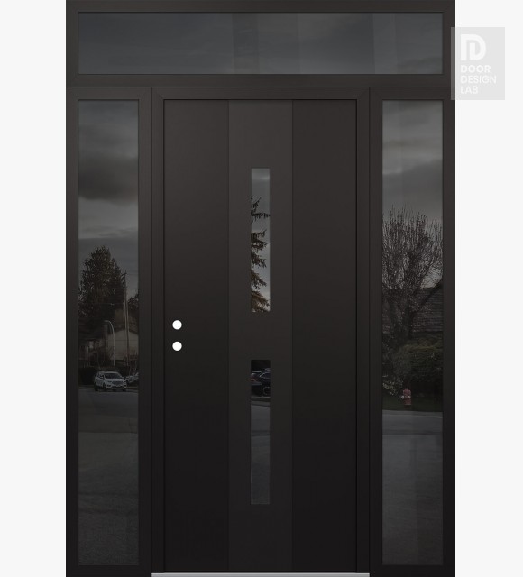 Modern Steel Front Door DIAMOND A6 64" X 96" BLACK/BLACK MIRRORED GLASS PANEL BLACK RHI WITH 2 SIDELITES AND TRANSOM MIRRORED GLASS