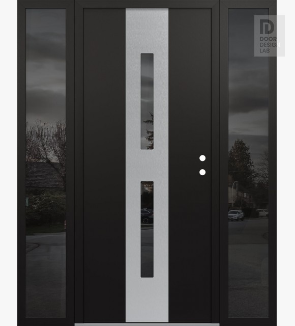 Modern Steel Front Door DIAMOND A6 64" X 80" BLACK/BLACK MIRRORED GLASS PANEL STAINLESS STEEL LHI WITH 2 SIDELITES MIRRORED GLASS