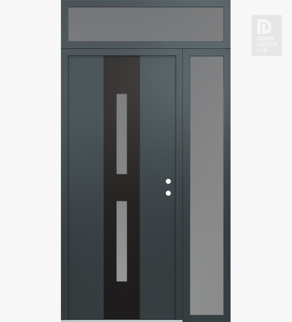 Modern Steel Front Door DIAMOND A6 52" X 96" ANTHRACITE/ANTHRACITE FROSTED GLASS PANEL BLACK LHI WITH SIDELITE AND TRANSOM FROSTED GLASS