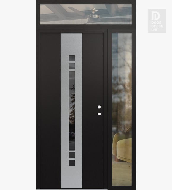 Modern Steel Front Door DIAMOND A4 52" X 96" BLACK/BLACK MIRRORED GLASS PANEL STAINLESS STEEL LHI WITH SIDELITE AND TRANSOM CLEAR GLASS