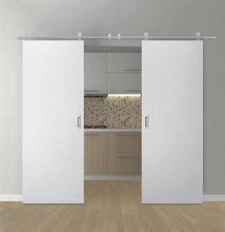DOUBLE BARN DOOR PALLADIO BIANCO NOBLE 36" X 80" X 1 9/16" SOLID CORE STAINLESS STEEL HARDWARE