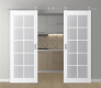 DOUBLE BARN DOOR PALLADIO 10 LITE VETRO BIANCO NOBLE 60" X 96" X 1 9/16" TEMPERED FROSTED GLASS STAINLESS STEEL HARDWARE