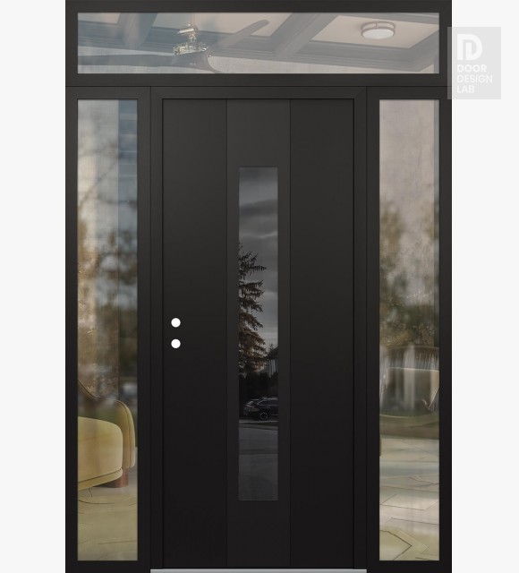 Modern Steel Front Door DIAMOND A1 68" X 96" BLACK/BLACK MIRRORED GLASS PANEL BLACK RHI WITH 2 SIDELITES AND TRANSOM CLEAR GLASS