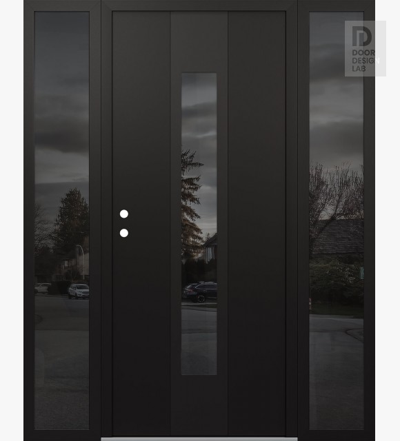 Modern Steel Front Door DIAMOND A1 64" X 80" BLACK/BLACK MIRRORED GLASS PANEL BLACK RHI WITH 2 SIDELITES MIRRORED GLASS