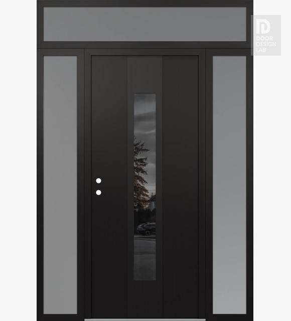 Modern Steel Front Door DIAMOND A1 60" X 96" BLACK/BLACK MIRRORED GLASS PANEL BLACK RHI WITH 2 SIDELITES AND TRANSOM FROSTED GLASS