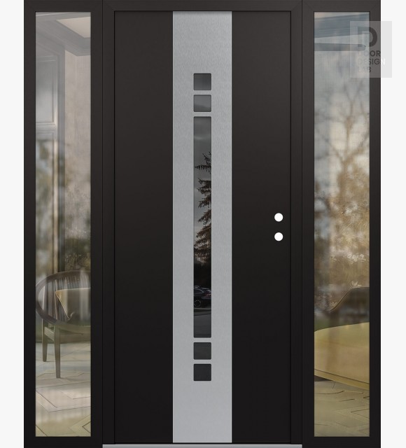 Modern Steel Front Door DIAMOND A4 64" X 80" BLACK/BLACK MIRRORED GLASS PANEL STAINLESS STEEL LHI WITH 2 SIDELITES CLEAR GLASS