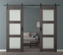 DOUBLE BARN DOOR PALLADIO 3 LITE VETRO GRAY OAK 60" X 96" X 1 9/16" TEMPERED FROSTED GLASS BLACK HARDWARE