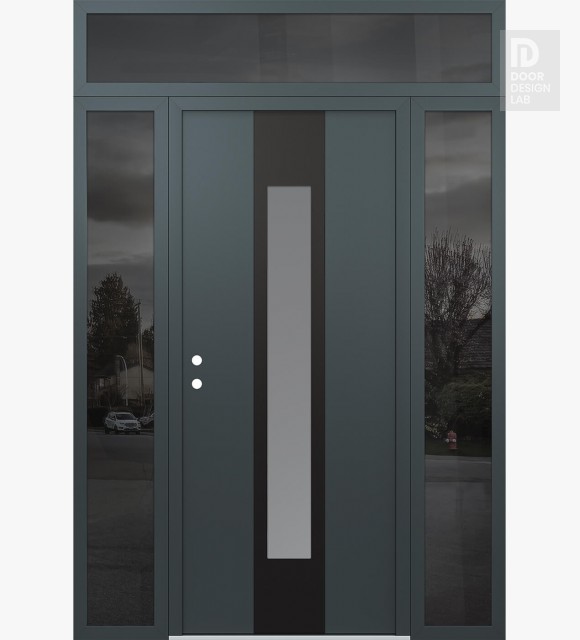 Modern Steel Front Door DIAMOND A1 60" X 96" ANTHRACITE/ANTHRACITE FROSTED GLASS PANEL BLACK RHI WITH 2 SIDELITES AND TRANSOM MIRRORED GLASS