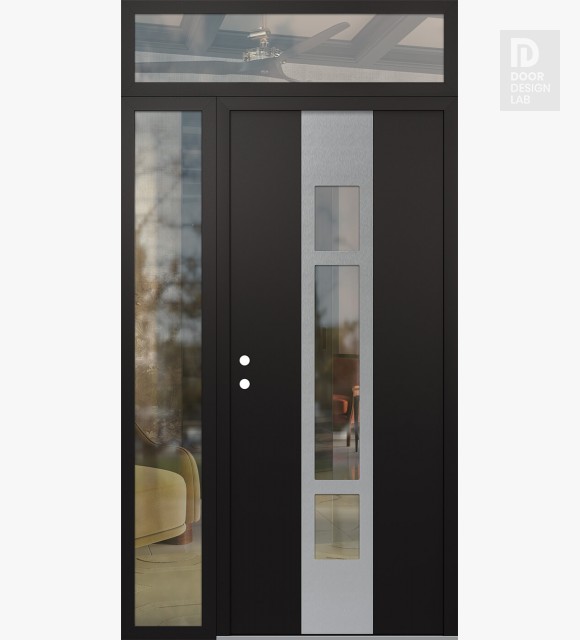 Modern Steel Front Door DIAMOND A9 52" X 96" BLACK/BLACK CLEAR GLASS PANEL STAINLESS STEEL RHI WITH SIDELITE AND TRANSOM CLEAR GLASS