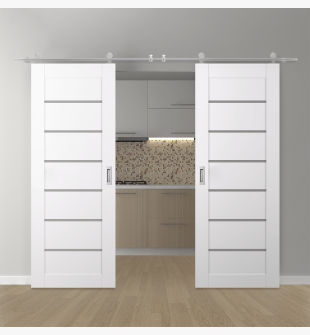 DOUBLE BARN DOOR ALBA SNOW WHITE 36" X 80" X 1 3/4" STAINLESS STEEL HARDWARE