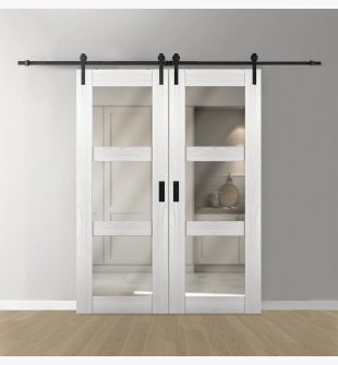 DOUBLE BARN DOOR AVON 3 LITE VETRO RIBEIRA ASH 64" X 80" X 1 3/4" BLACK HARDWARE
