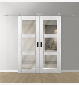 DOUBLE BARN DOOR AVON 3 LITE VETRO RIBEIRA ASH 72" X 84" X 1 3/4" STAINLESS STEEL HARDWARE