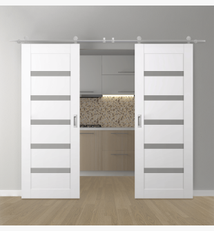 DOUBLE BARN DOOR LEORA VETRO SNOW WHITE 36" X 80" X 1 3/4" STAINLESS STEEL HARDWARE