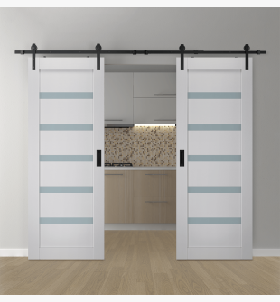 DOUBLE BARN DOOR LEORA VETRO BIANCO NOBLE 72" X 84" X 1 9/16" BLACK HARDWARE