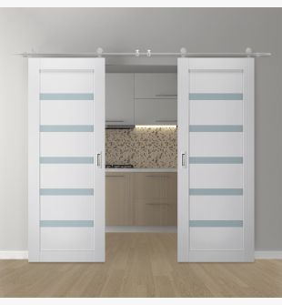DOUBLE BARN DOOR LEORA VETRO BIANCO NOBLE 60" X 80" X 1 9/16" STAINLESS STEEL HARDWARE