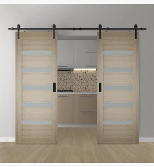 DOUBLE BARN DOOR LEORA VETRO SHAMBOR 56" X 96" X 1 3/4" BLACK HARDWARE