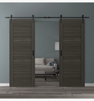 DOUBLE BARN DOOR LOUVER GRAY OAK 60" X 80" X 1 3/4" BLACK HARDWARE
