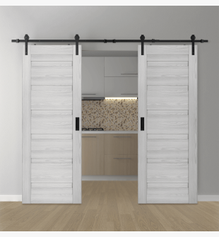 DOUBLE BARN DOOR LOUVER RIBEIRA ASH 60" X 96" X 1 3/4" BLACK HARDWARE
