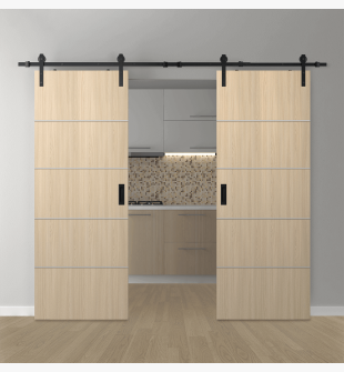 DOUBLE BARN DOOR OPTIMA 4H LOIRE ASH 36" X 96" X 1 3/4" SOLID CORE BLACK HARDWARE