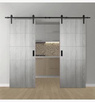 DOUBLE BARN DOOR OPTIMA 4H RIBEIRA ASH 64" X 96" X 1 3/4" SOLID CORE BLACK HARDWARE