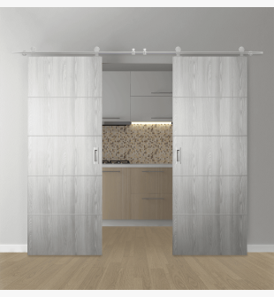 DOUBLE BARN DOOR OPTIMA 4H RIBEIRA ASH 60" X 84" X 1 3/4" SOLID CORE STAINLESS STEEL HARDWARE