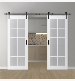 DOUBLE BARN DOOR PALLADIO 10 LITE VETRO BIANCO NOBLE 72" X 96" X 1 9/16" TEMPERED FROSTED GLASS BLACK HARDWARE