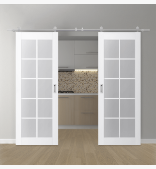 DOUBLE BARN DOOR PALLADIO 10 LITE VETRO BIANCO NOBLE 64" X 96" X 1 9/16" TEMPERED FROSTED GLASS STAINLESS STEEL HARDWARE