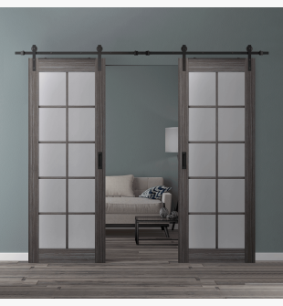 DOUBLE BARN DOOR PALLADIO 10 LITE VETRO GRAY OAK 60" X 84" X 1 9/16" TEMPERED FROSTED GLASS BLACK HARDWARE
