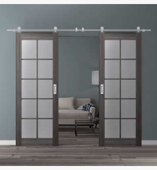 DOUBLE BARN DOOR PALLADIO 10 LITE VETRO GRAY OAK 36" X 96" X 1 9/16" TEMPERED FROSTED GLASS STAINLESS STEEL HARDWARE