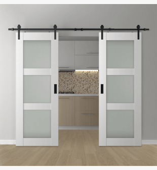 DOUBLE BARN DOOR PALLADIO 3 LITE VETRO BIANCO NOBLE 48" X 84" X 1 9/16" TEMPERED FROSTED GLASS BLACK HARDWARE